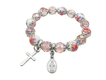 Christian Cross Bracelet Pink Crystal Beaded Stretch Rosary Bracelet 