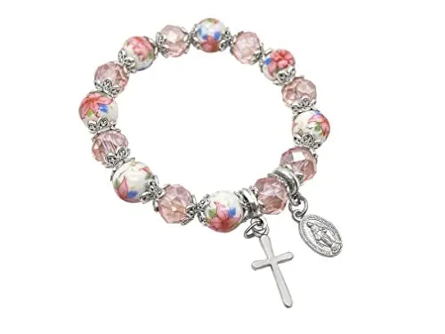 Christian Cross Bracelet Pink Crystal Beaded Stretch Rosary Bracelet 