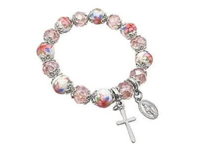 Pink Crystal Rosary Beads Bracelet Christian Cross - Nazareth Store