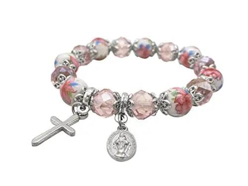 Pink Crystal Rosary Beads Bracelet Christian Cross - Nazareth Store