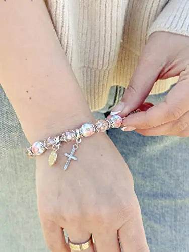 Pink Crystal Rosary Beads Bracelet Christian Cross - Nazareth Store