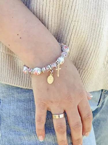 Pink Crystal Rosary Beads Bracelet Christian Cross - Nazareth Store