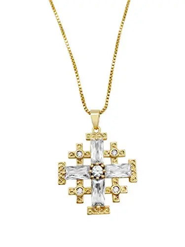 Clear Topaz Jerusalem Cross Pendant Christian Gold Plated Necklace Crystallized Glass Beads 20" Nazareth Store