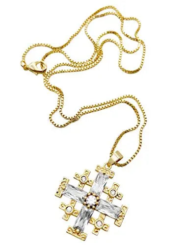 Clear Topaz Jerusalem Cross Pendant Christian Gold Plated Necklace Crystallized Glass Beads 20" Nazareth Store