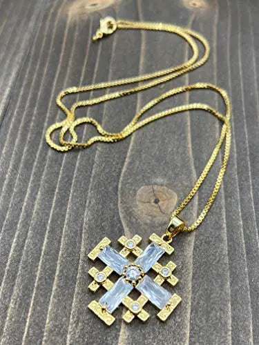 Clear Topaz Jerusalem Cross Pendant Christian Gold Plated Necklace Crystallized Glass Beads 20" Nazareth Store