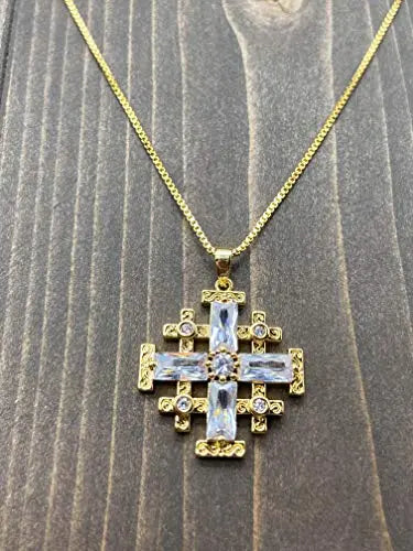 Clear Topaz Jerusalem Cross Pendant Christian Gold Plated Necklace Crystallized Glass Beads 20" Nazareth Store