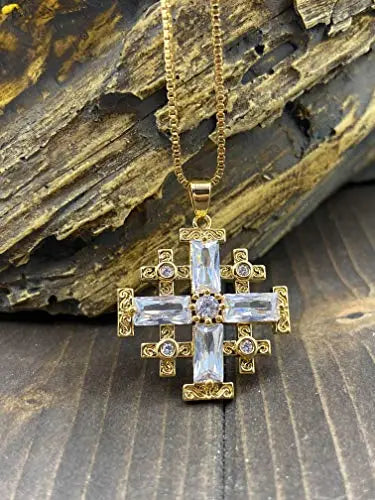 Clear Topaz Jerusalem Cross Pendant Christian Gold Plated Necklace Crystallized Glass Beads 20" Nazareth Store