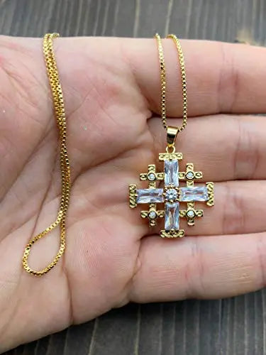 Clear Topaz Jerusalem Cross Pendant Christian Gold Plated Necklace Crystallized Glass Beads 20" Nazareth Store