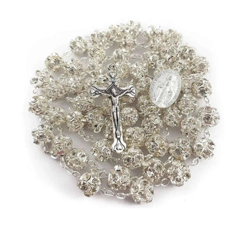 Clear Zircon Beads Rosary Catholic Necklace Miraculous Medal - Velvet Bag