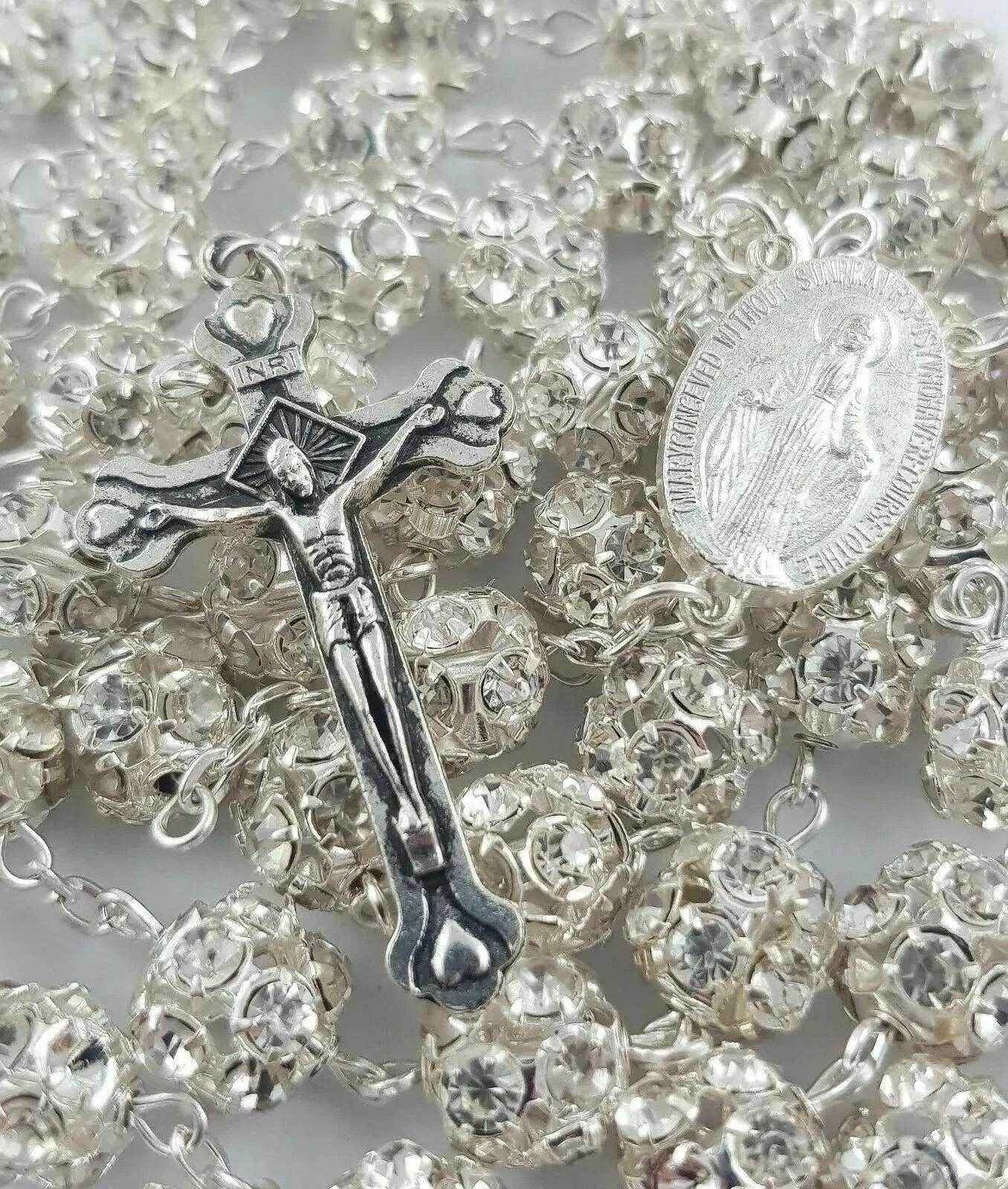 Clear Zircon Beads Rosary Catholic Necklace Miraculous Medal