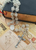 Clear Zircon Beads Rosary Catholic Necklace Miraculous Medal - Velvet Bag