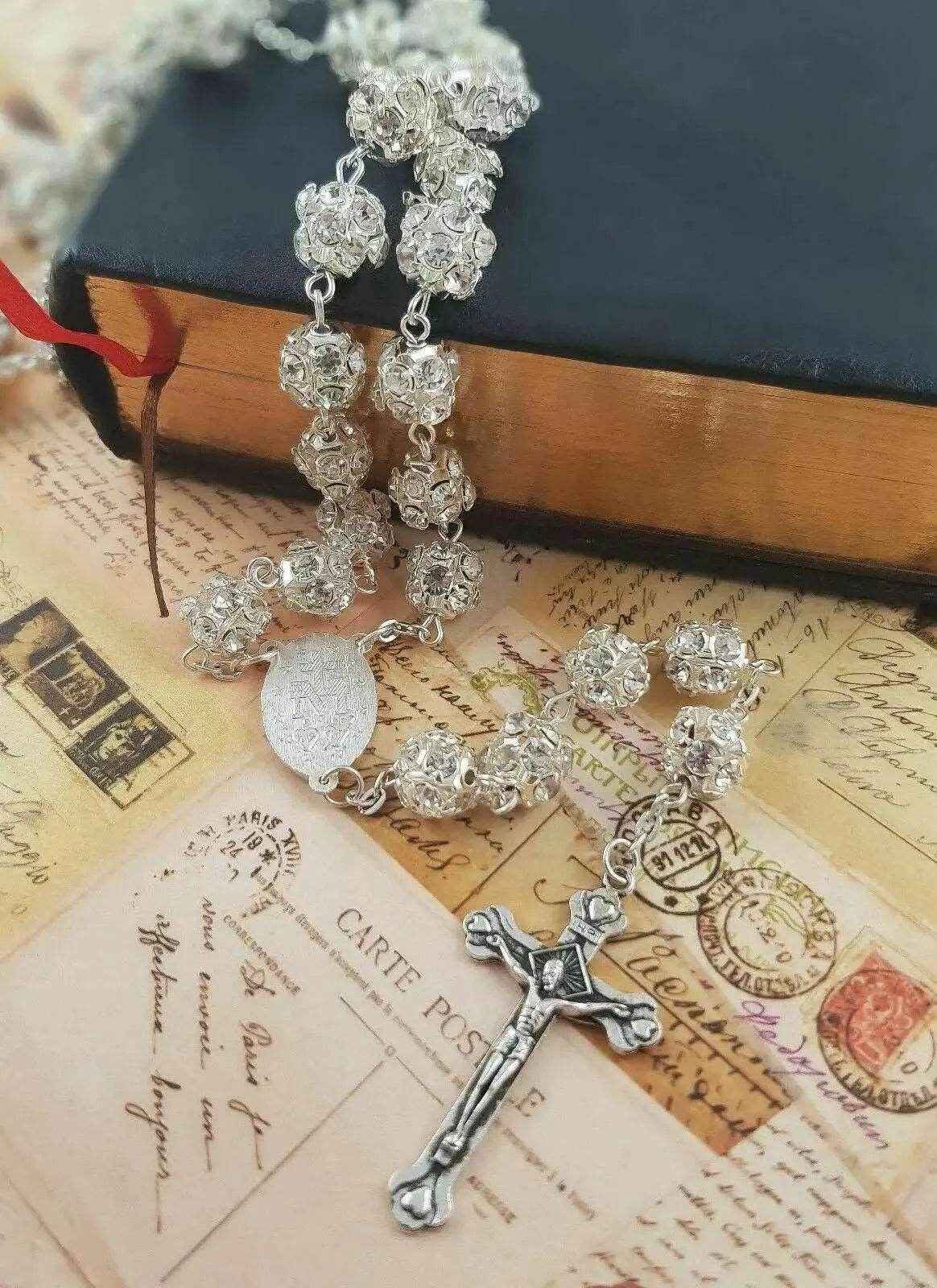 Clear Zircon Beads Rosary Catholic Necklace Miraculous Medal