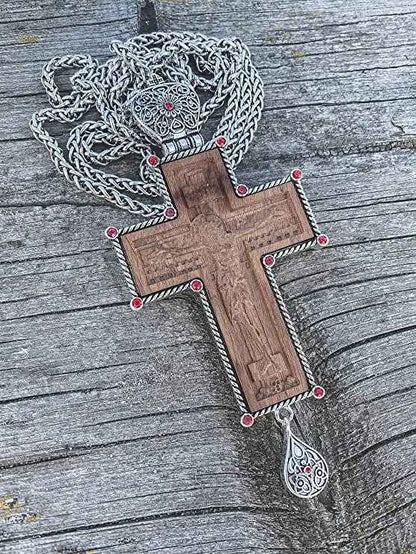 Clergy Pectoral INRI Cross Pendant 23" Priest Bishop Silver Crucifix Wood Jesus