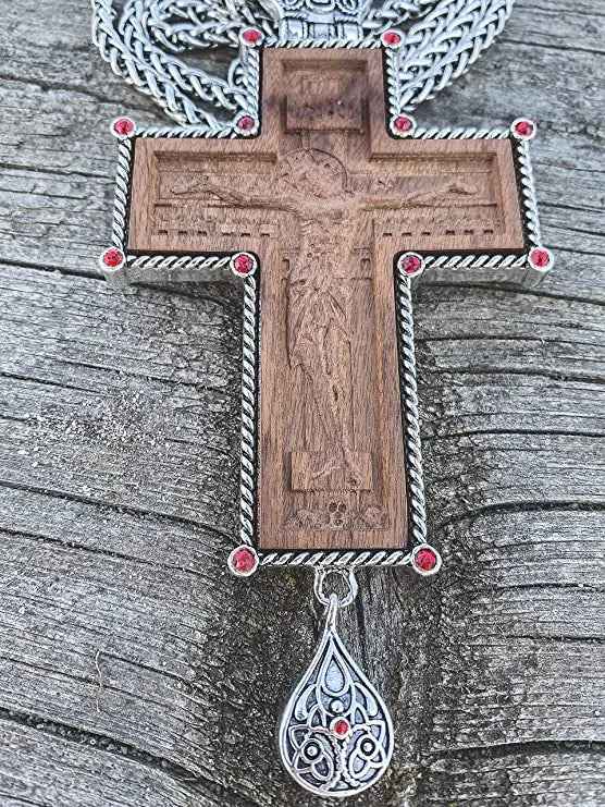 Clergy Pectoral INRI Cross Pendant 23" Priest Bishop Silver Crucifix Wood Jesus