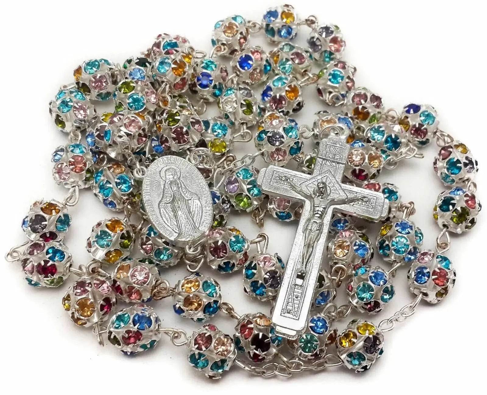 Colorful Crystal Beads Rosary Necklace Miraculous Medal Crucifix