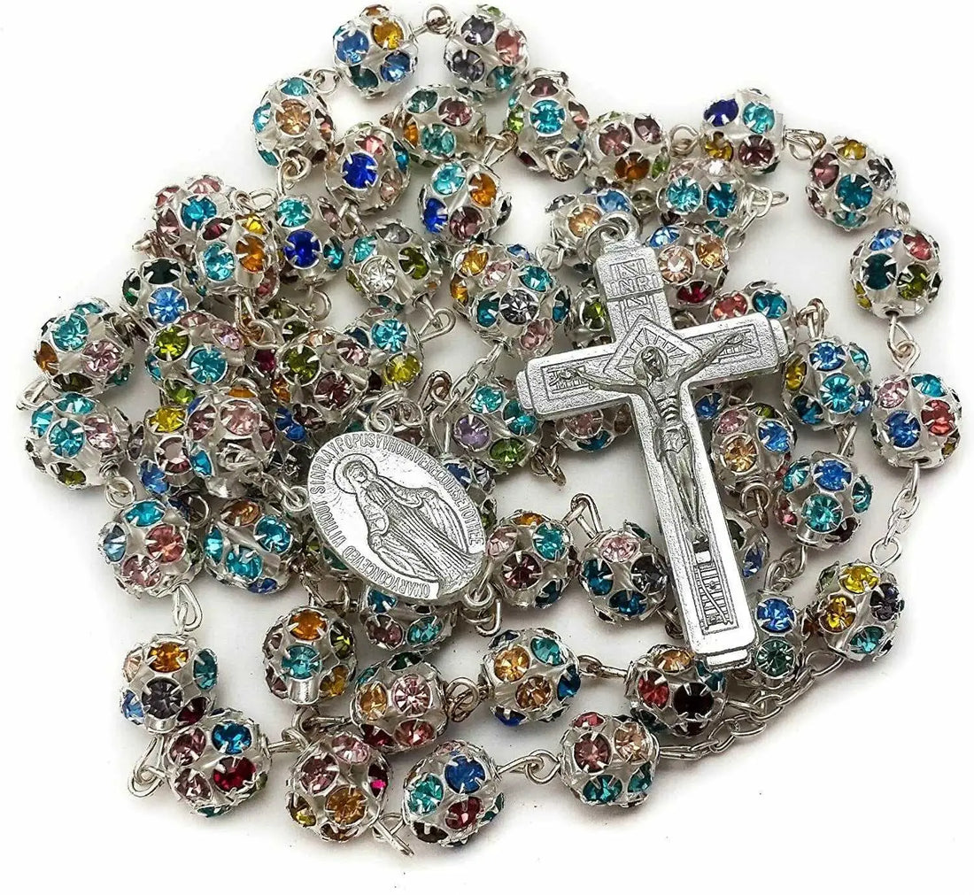 Colorful Crystal Beads Rosary Necklace Miraculous Medal & Cross Crucifix 