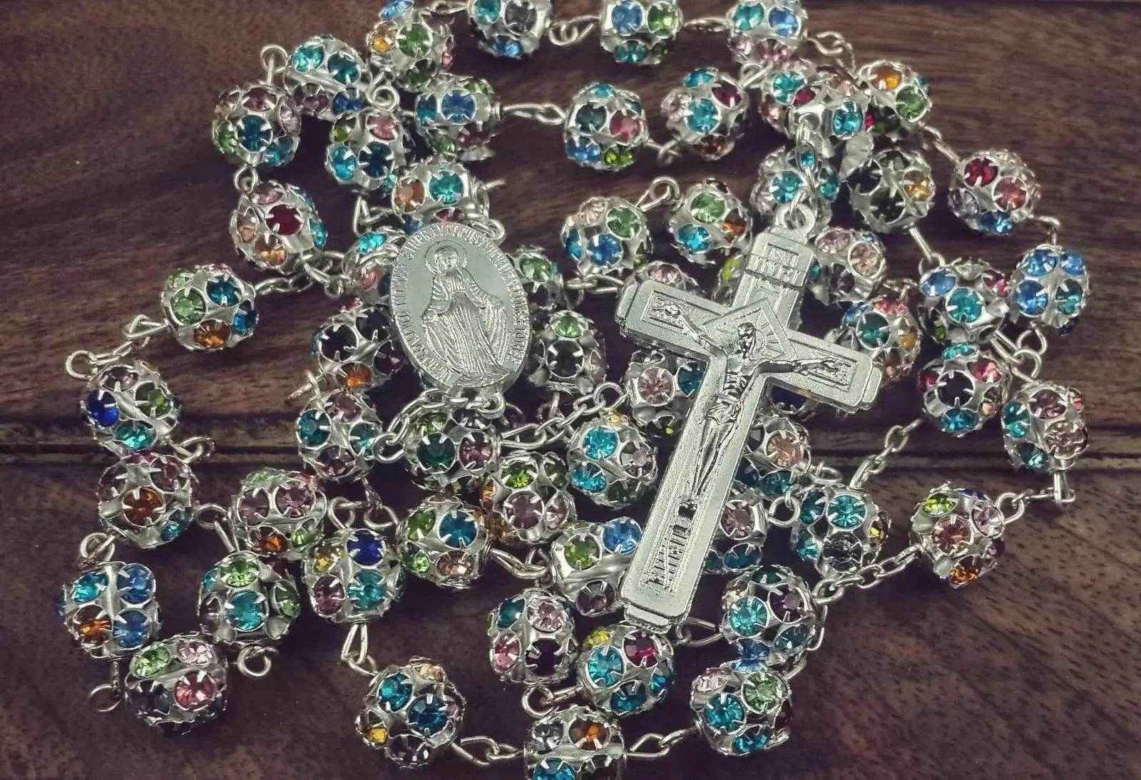 Colorful Crystal Beads Rosary Prayer Necklace Miraculous Medal & Silver Cross Crucifix
