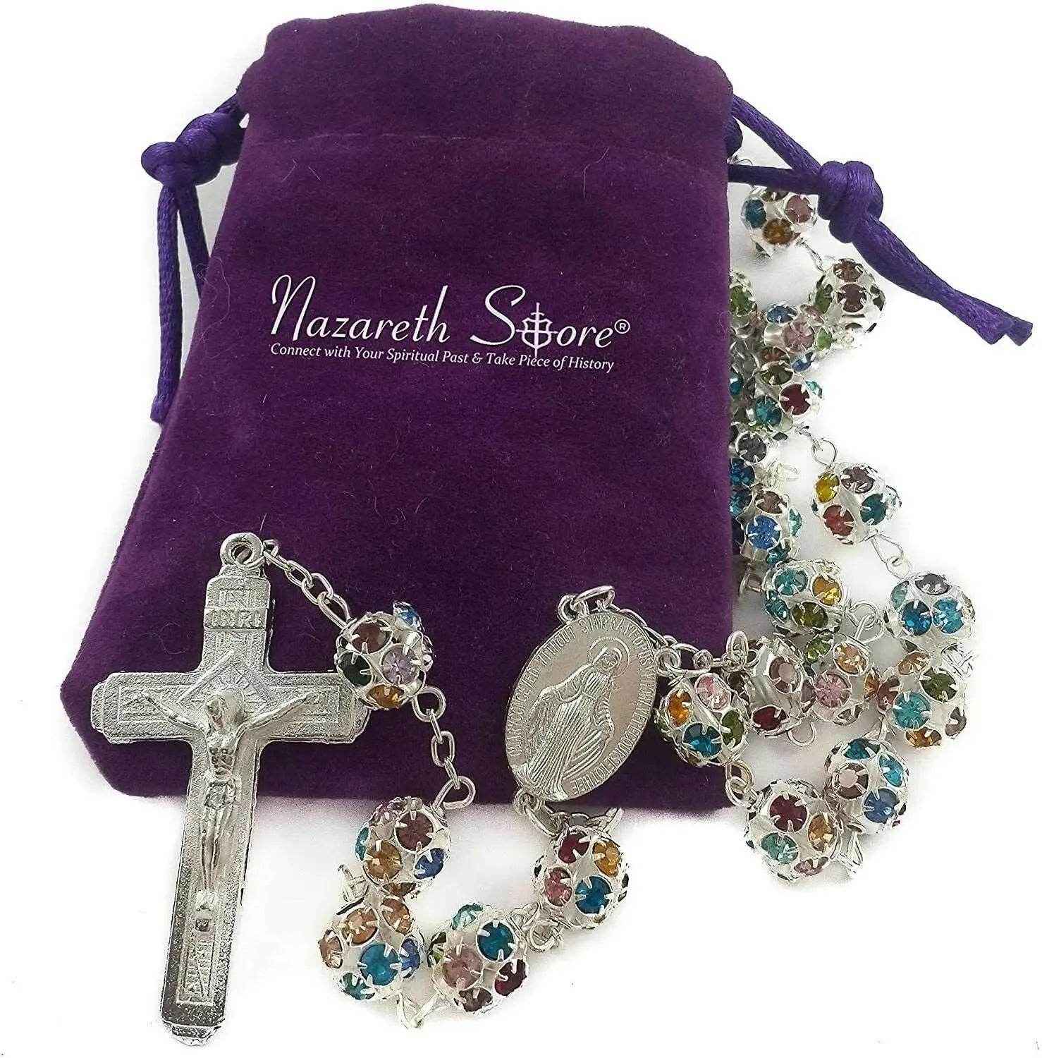 Colorful Crystal Beads Rosary Prayer Necklace Miraculous Medal & Silver Cross Crucifix