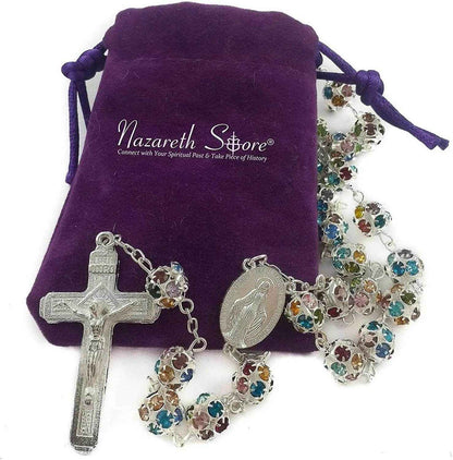 Colorful Crystal Beads Rosary Prayer Necklace Miraculous Medal & Silver Cross Crucifix