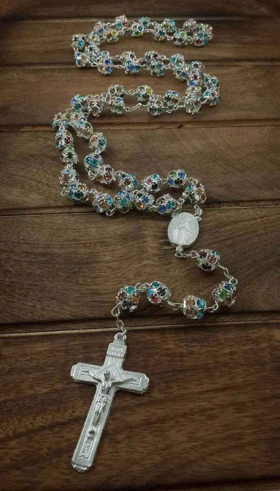 Colorful Crystal Beads Rosary Prayer Necklace Miraculous Medal & Silver Cross Crucifix
