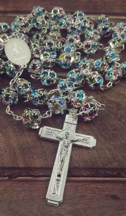 Colorful Crystal Beads Rosary Prayer Necklace Miraculous Medal & Silver Cross Crucifix