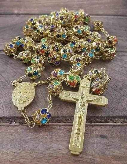 Colorful Crystal Golden Beads Rosary Miraculous Medal & Cross