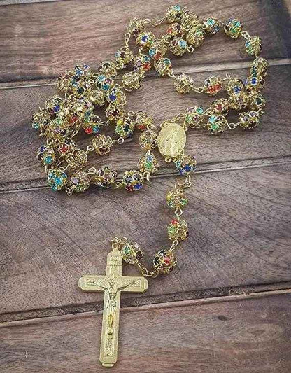 Colorful Crystal Golden Beads Rosary Miraculous Medal & Cross