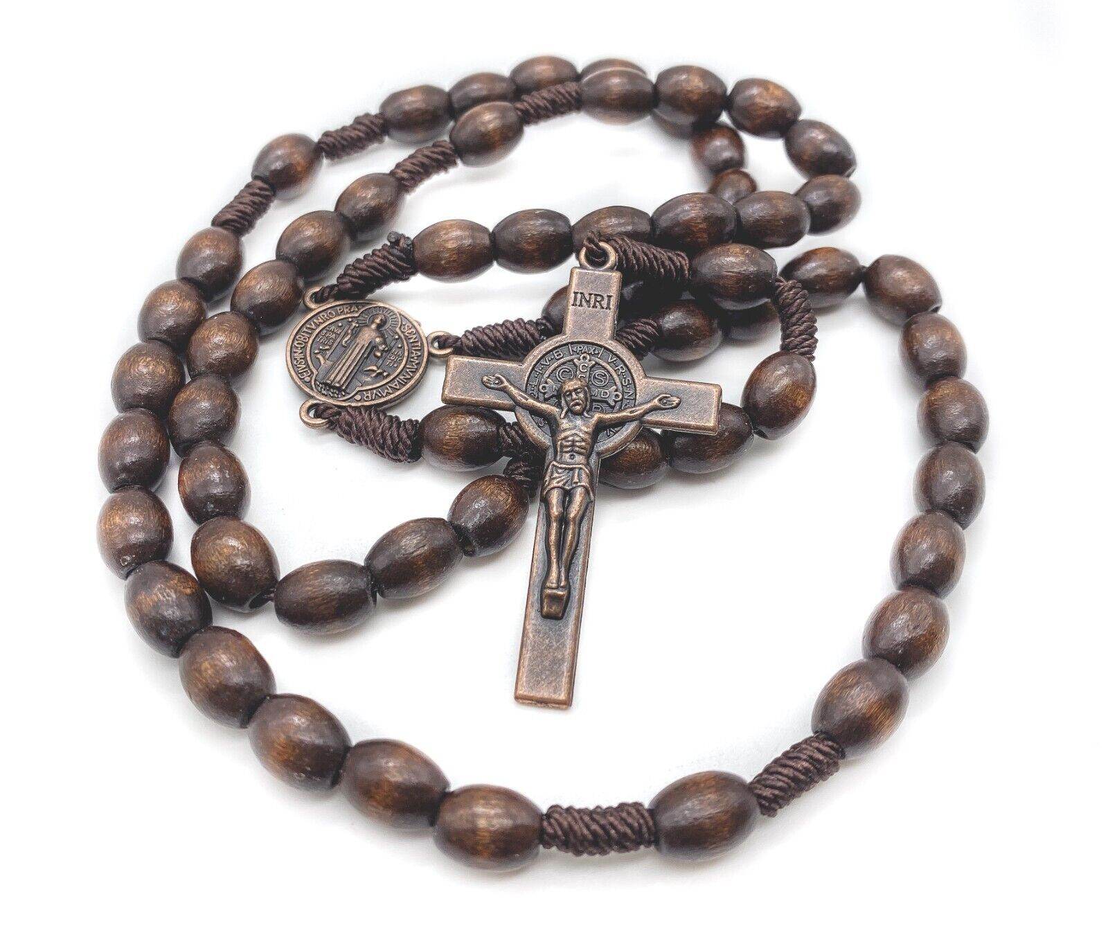 Dark Wooden Beads Rosary Necklace with Saint Benedict Medal & Crucifix - Nazareth Store