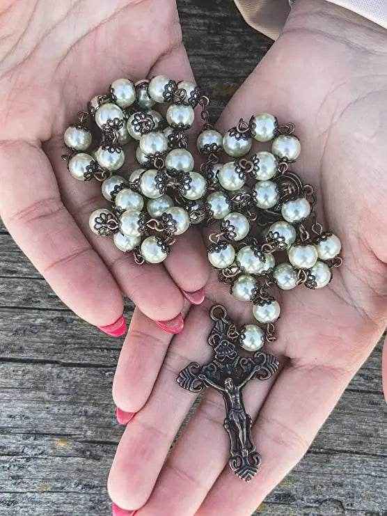 Cream Pearl Beads Rosary Necklace Holy Soil Medal Vintage Design Rosary