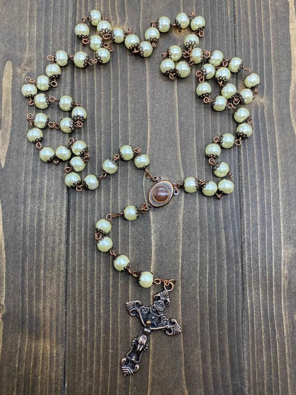 Cream Pearl Beads Rosary Necklace Holy Soil Medal Vintage Design Rosario