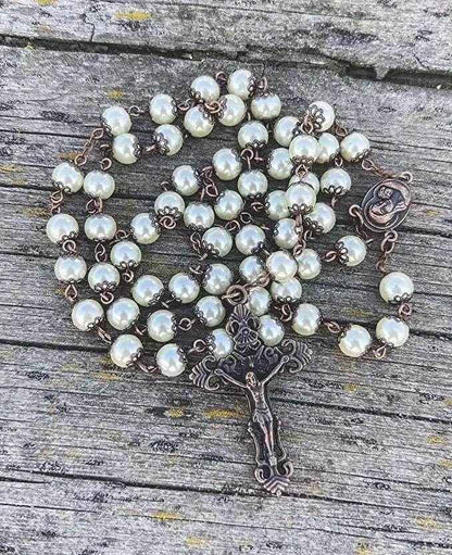 Cream Pearl Beads Rosary Necklace Holy Soil Medal Vintage Design Rosary