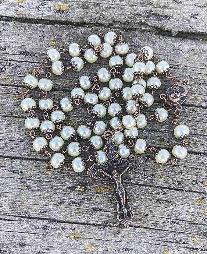 Cream Pearl Beads Rosary Necklace Holy Soil Medal Vintage Design Rosary
