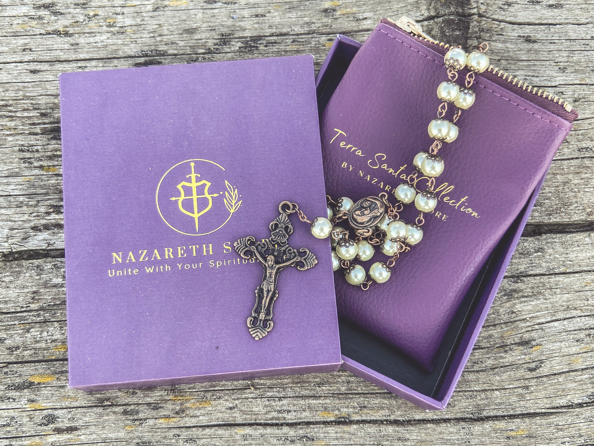Cream Pearl Beads Rosary Necklace with Holy Soil Medal - Nazareth Store