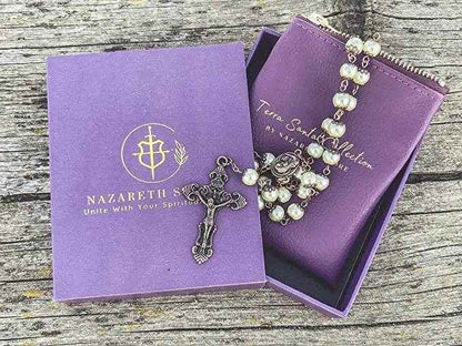 Cream Pearl Beads Rosary Necklace with Holy Soil Medal - Nazareth Store
