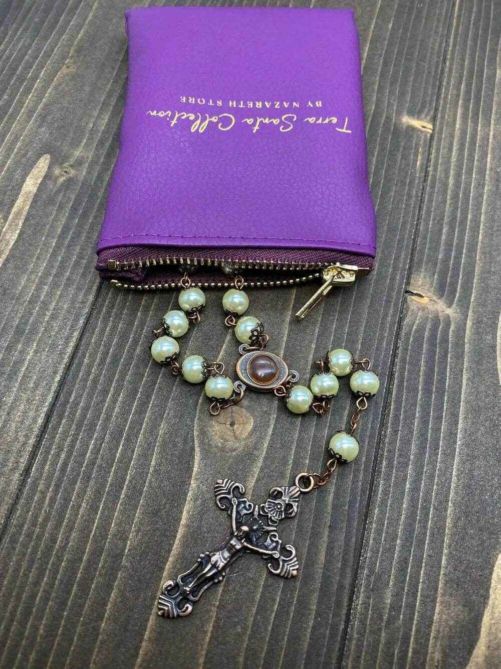 Cream Pearl Beads Rosary Necklace with Holy Soil Medal - Nazareth Store
