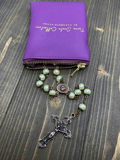 Cream Pearl Beads Rosary Necklace with Holy Soil Medal - Nazareth Store
