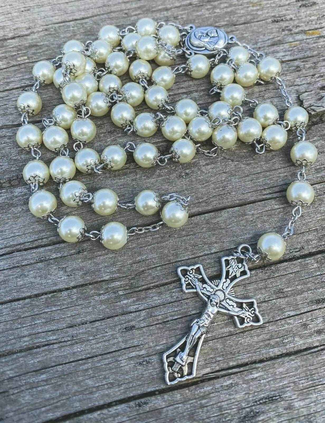 Cream Pearl 8mm Rosary Necklace with Holy Soil Medal & Cross Crucifix -  Nazareth Store