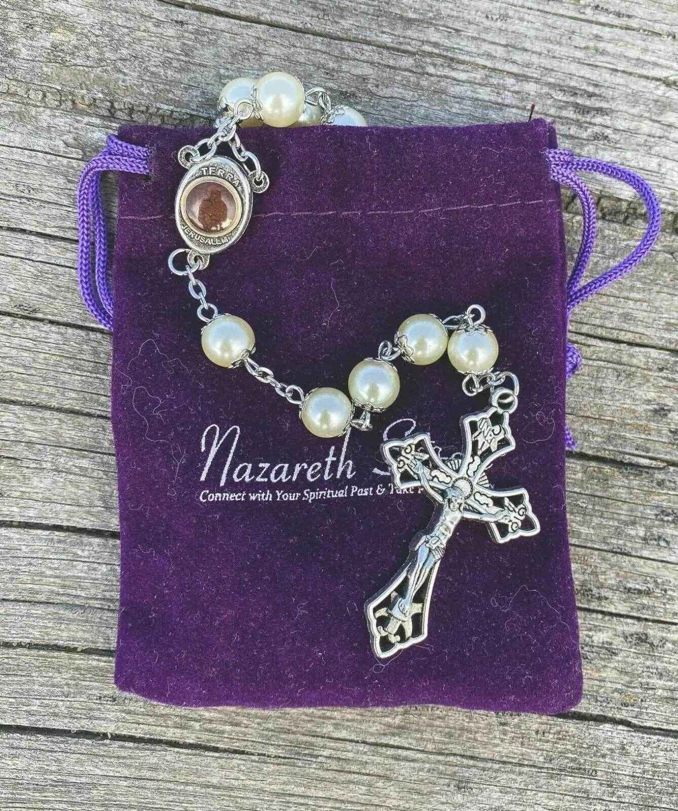 Cream Pearl 8mm Rosary Necklace with Holy Soil Medal & Cross Crucifix -  Nazareth Store