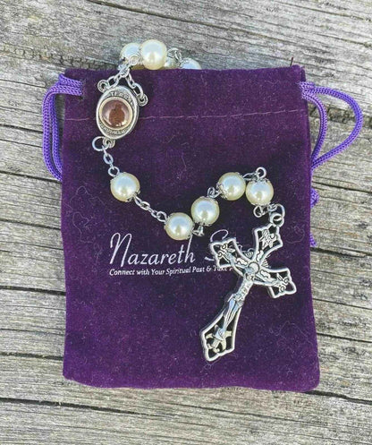 Cream Pearl 8mm Rosary Necklace with Holy Soil Medal & Cross Crucifix -  Nazareth Store