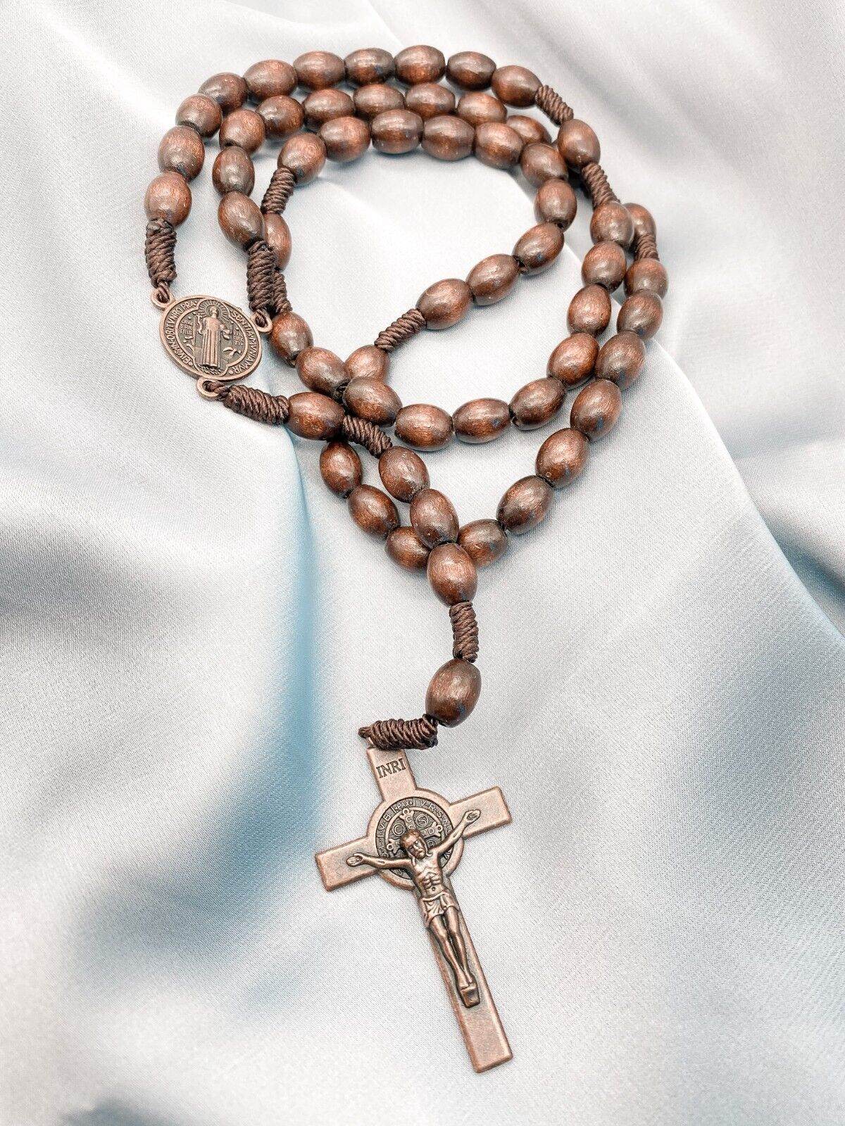 Dark Wooden Beads Rosary Necklace with Saint Benedict Medal & Crucifix - Nazareth Store