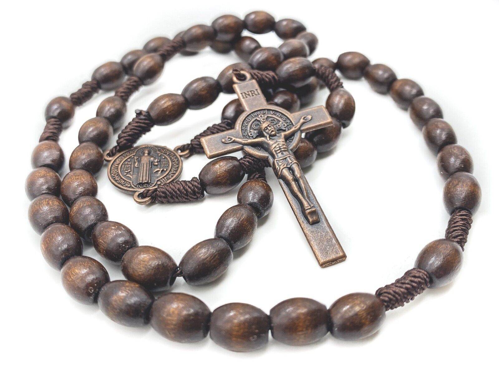Dark Wooden Beads Rosary Necklace with Saint Benedict Medal & Crucifix - Nazareth Store