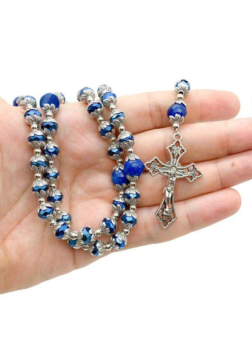 Blue Agate Crystal Beads Rosary Necklace Miraculous Medal & Cross