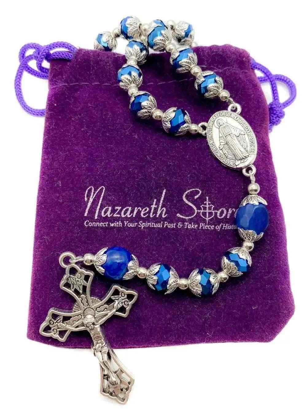 Blue Agate Crystal Beads Rosary Necklace Miraculous Medal & Cross