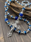 Deep Blue Crystal Beads Rosary Blue Agate Glory Stone Necklace Miraculous Medal & Cross 