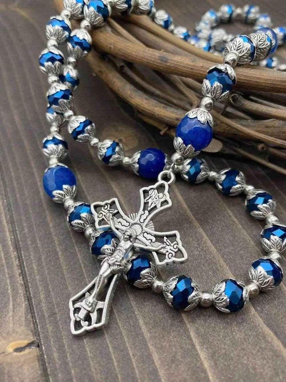 Blue Agate Crystal Beads Rosary Necklace Miraculous Medal & Cross
