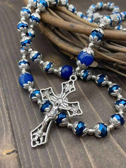 Blue Agate Crystal Beads Rosary Necklace Miraculous Medal & Cross