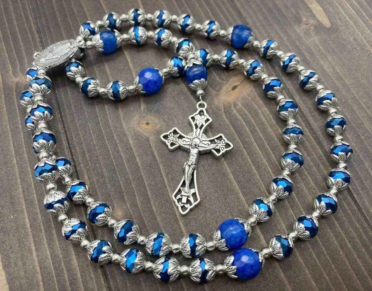 Blue Agate Crystal Beads Rosary Necklace Miraculous Medal & Cross