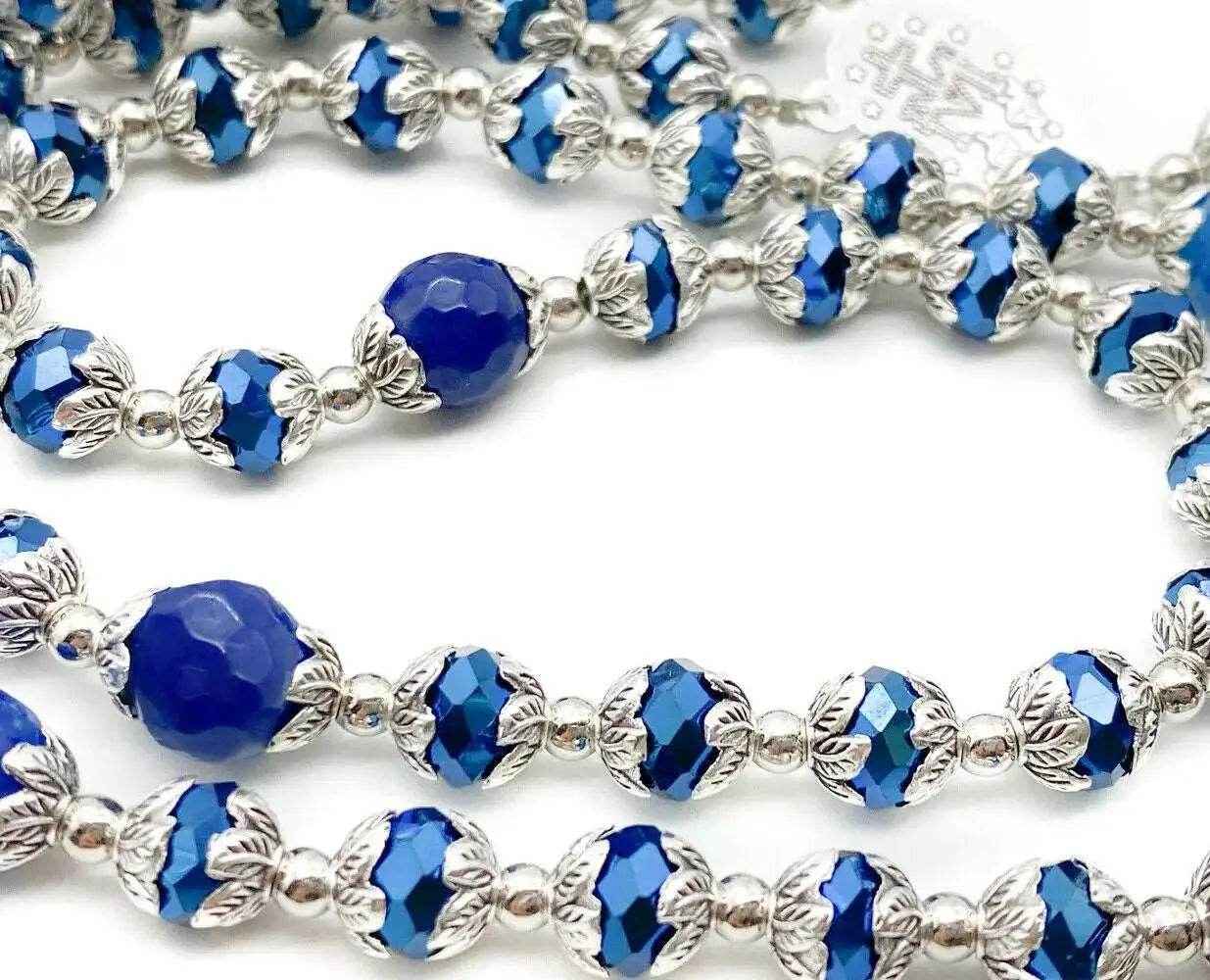 Blue Agate Crystal Beads Rosary Necklace Miraculous Medal & Cross
