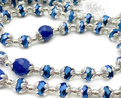 Blue Agate Crystal Beads Rosary Necklace Miraculous Medal & Cross