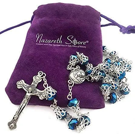 Deep Blue Crystal Beads Rosary Necklace Caps Beads Holy Soil Medal & Cross Crucifix